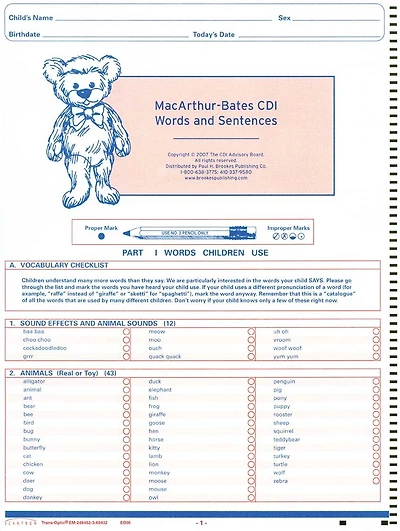 MacArthur-Bates Communicative Development Inventories (CDI) Words and Sentences, NCS Scannable, English
