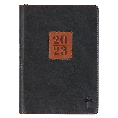 Christian Art Gifts 2023 12 Month Executive Faux Vegan Leather Planner for Men & Women w/Brown Patch & Cross, Faith-inspired Daily Personal Monthly Organizer w/Zipper Closure & Ribbon Marker, Black