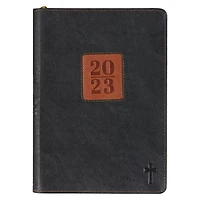Christian Art Gifts 2023 12 Month Executive Faux Vegan Leather Planner for Men & Women w/Brown Patch & Cross, Faith-inspired Daily Personal Monthly Organizer w/Zipper Closure & Ribbon Marker, Black