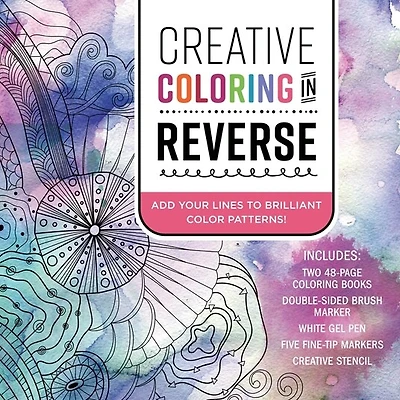 CREATIVE COLORING IN REVERSE KIT: Add Your Lines to Brilliant Color Patterns! Includes: Two 48-page Coloring Books, Double-sided Brush Marker, White Gel Pen, Five Fine-Tip Markers, Creative Stencil