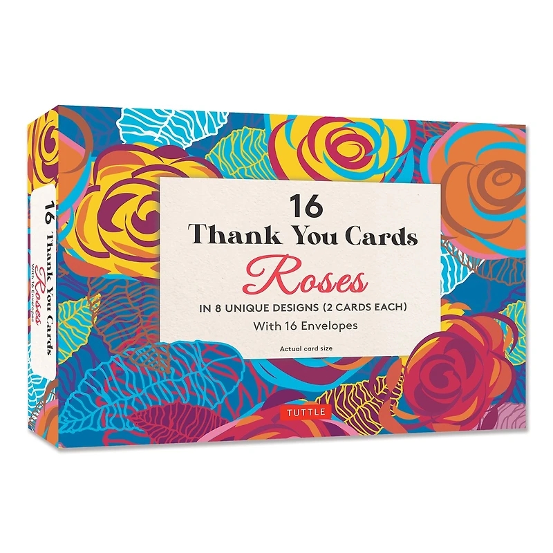 16 Thank You Cards, Roses: 4 1/2 x 3 inch blank cards in 8 Lovely Designs (2 each) with 16 Envelopes