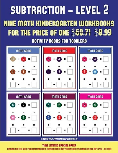 Activity Books for Toddlers (Kindergarten Subtraction/taking away Level 2): 30 full color preschool/kindergarten subtraction worksheets (includes 8 printable kindergarten PDF