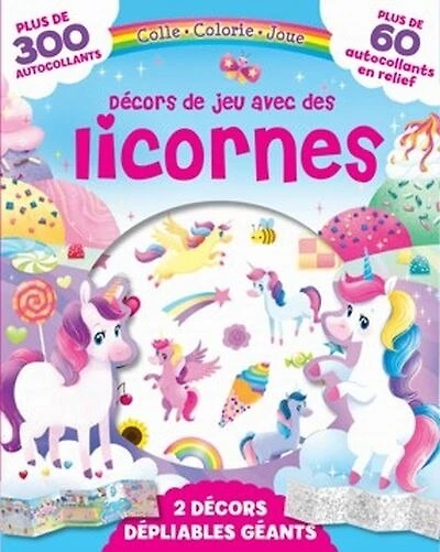 Colle, colorie, joue - Décors de jeu avec des licornes - Plus de 300 autocollants