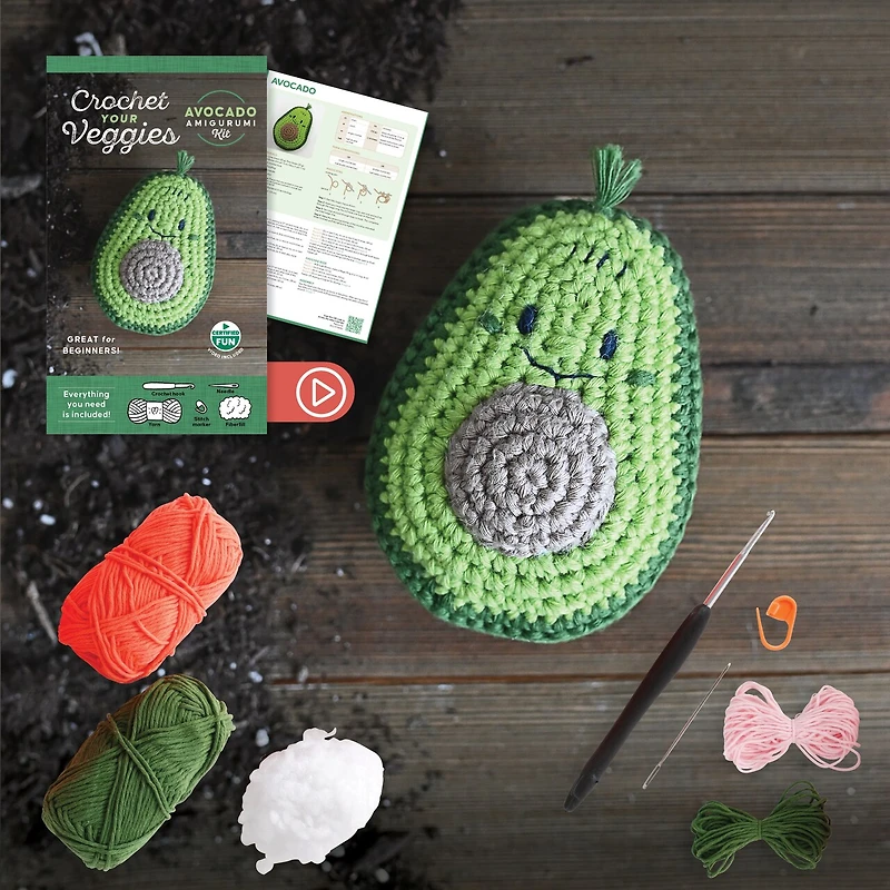 Crochet Your Veggies Amigurumi Kit Avocado: Everything You Need Is Included: 100%-Cotton Yarn, Crochet Hook, Stitch Marker, Tapestry Needle, Fiberfill, Step-by-Step Leaflet, and Exclusive Instruction Videos; Beginner Friendly!