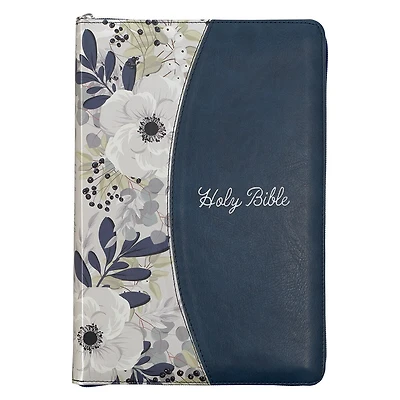KJV Bible Thinline LP Faux Leather, Blue Floral Printed w/zipper
