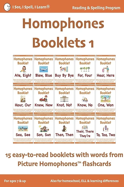 HOMOPHONES BOOKLETS 1 - Fun & Easy-to-Read 15 Booklets with words from Picture Homophones(TM) flashcards SET 1: For children in K-5, dyslexia, English Language Learners (ELL/ESL)
