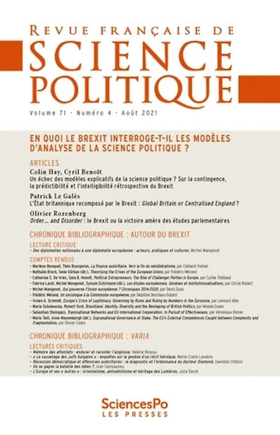 Revue française de science politique, n°71-4. En quoi le Brexit interroge-t-il les modèles d'analyse de la science politique ?