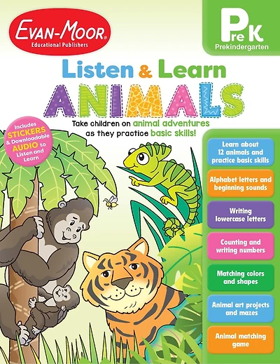 Listen and Learn: Animals, Grade Prek: Listen and Learn Audio Workbook, Reading and Math