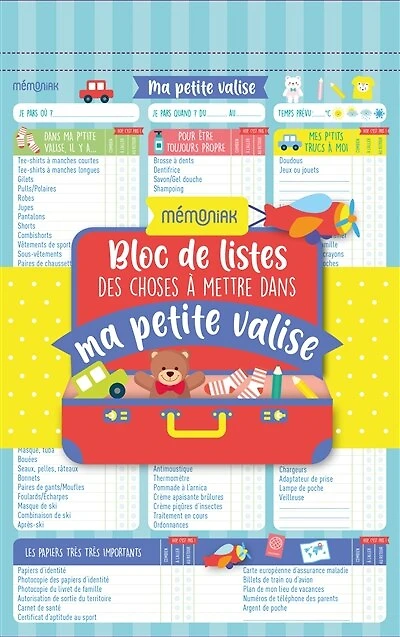 Bloc de listes des choses à mettre dans ma petite valise Mémonia