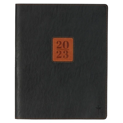Christian Art Gifts 2023 12-Month Executive Faux Vegan Leather Planner for Men & Women w/Brown Patch & Cross, Faith-inspired Daily Personal Organizer w/Zip Closure & Ribbon Mark, Black, Large A4 Size
