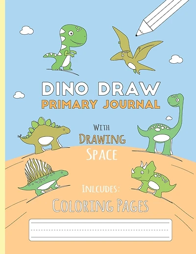 Dino Draw: Primary Journal K-2 Half Page Ruled with Dotted Middle Line and Picture Space - Grades K-2 - Cute Dino Draw Blue Paperback Large - includes Dinosaur Colorable Pages