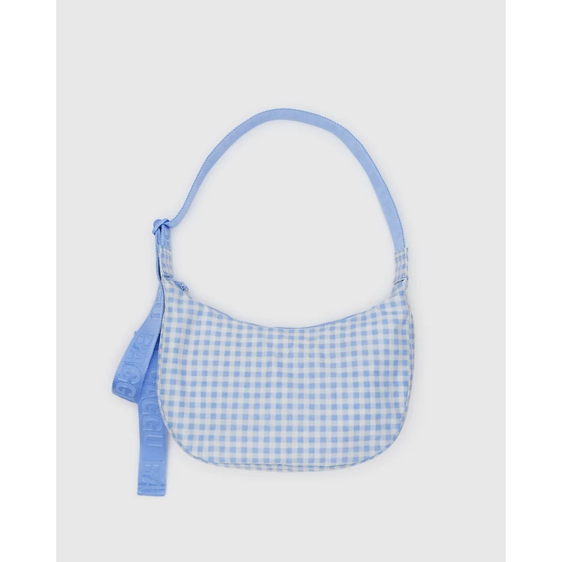 Medium Nylon Crescent Bag - Light Blue Gingham