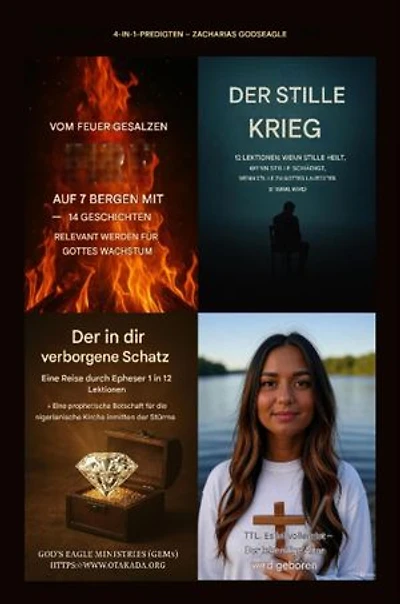 4 Predigten in 1 von Zacharias Godseagle mit Audio-Links: Gesalzen vom Feuer auf 7 Bergen mit 14 Geschichten - Bedeutung erlangen für Gottes Wachstum Der in dir verborgene Schatz - Epheser 1; Der stille Krieg; es ist Abgeschlossen
