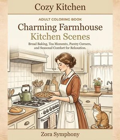 Cozy Kitchen: Adult Coloring Book Featuring Charming Farmhouse Kitchen Scenes, Bread Baking, Tea Moments, Pantry Corners, and Seasonal Comfort for Relaxation