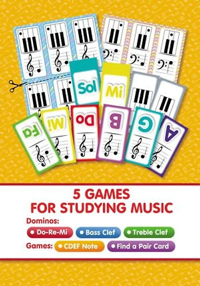 5 Games for Studying Music: Do-Re-Mi Dominos, Bass Clef Dominos, Treble Clef Dominos, CDEF Note Game, Find a Pair Card Game