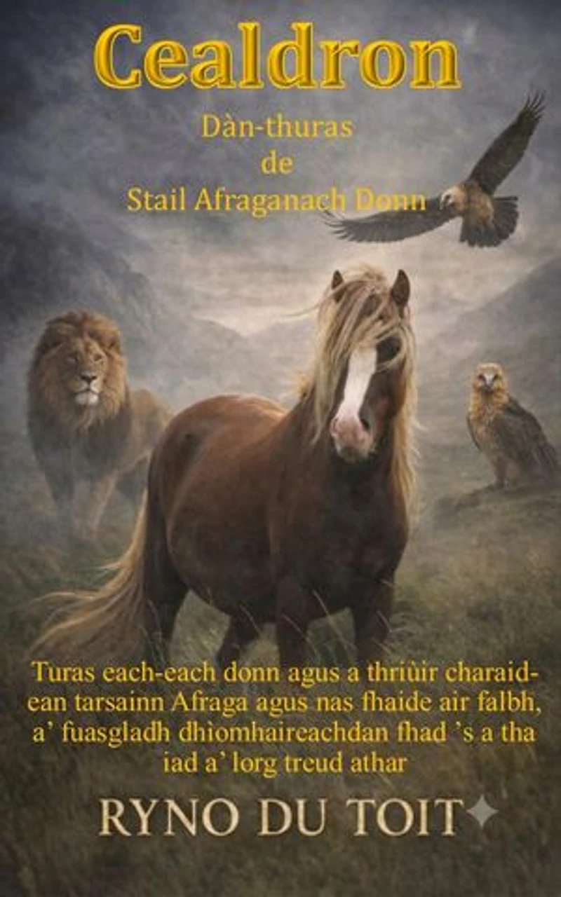Keldron, tachartasan an eich dhonn Afraganach: Sgeulachd mu each ruadh agus a thriùir charaidean a’ siubhal tarsainn Afraga agus nas fhaide air falbh, a’ fuasgladh dhìomhaireachdan fhad ’s a tha iad a’ dèiligeadh ri duilgheadasan làitheil.