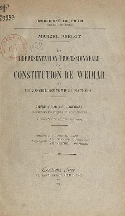La représentation professionnelle dans la constitution de Weimar et le Conseil économique national: Thèse pour le Doctorat ès sciences politiques et économiques, présentée le 29 janvier 1924