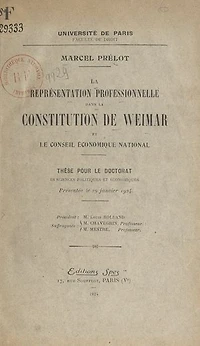La représentation professionnelle dans la constitution de Weimar et le Conseil économique national: Thèse pour le Doctorat ès sciences politiques et économiques, présentée le 29 janvier 1924