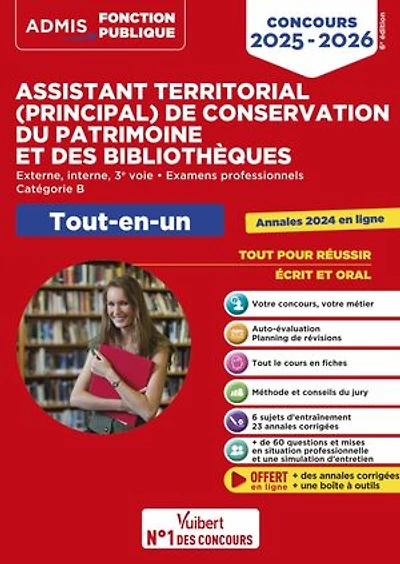 Concours Assistant territorial et Assistant principal de conservation du patrimoine et des bibliothèques - Catégorie B - Tout-en-un: Concours externe, interne et 3e voie - Examens professionnels - 2025-2026