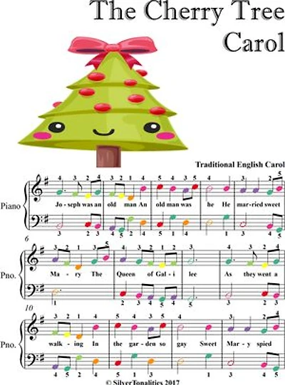 The Cherry Tree Carol Easy Piano Sheet Music with Colored Notes