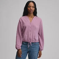 Women's Long-Sleeve Button Front Drawstring Hem Top