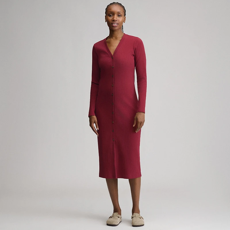 Women's Long-Sleeve Button Front Ribbed Knit Midi Dress