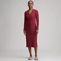 Women's Long-Sleeve Button Front Ribbed Knit Midi Dress