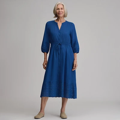 Women's 3/4 Sleeve Eyelet Button Front Belted Dress