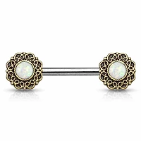 Brass Filigree + Opal Shield Nipple Barbell 14g