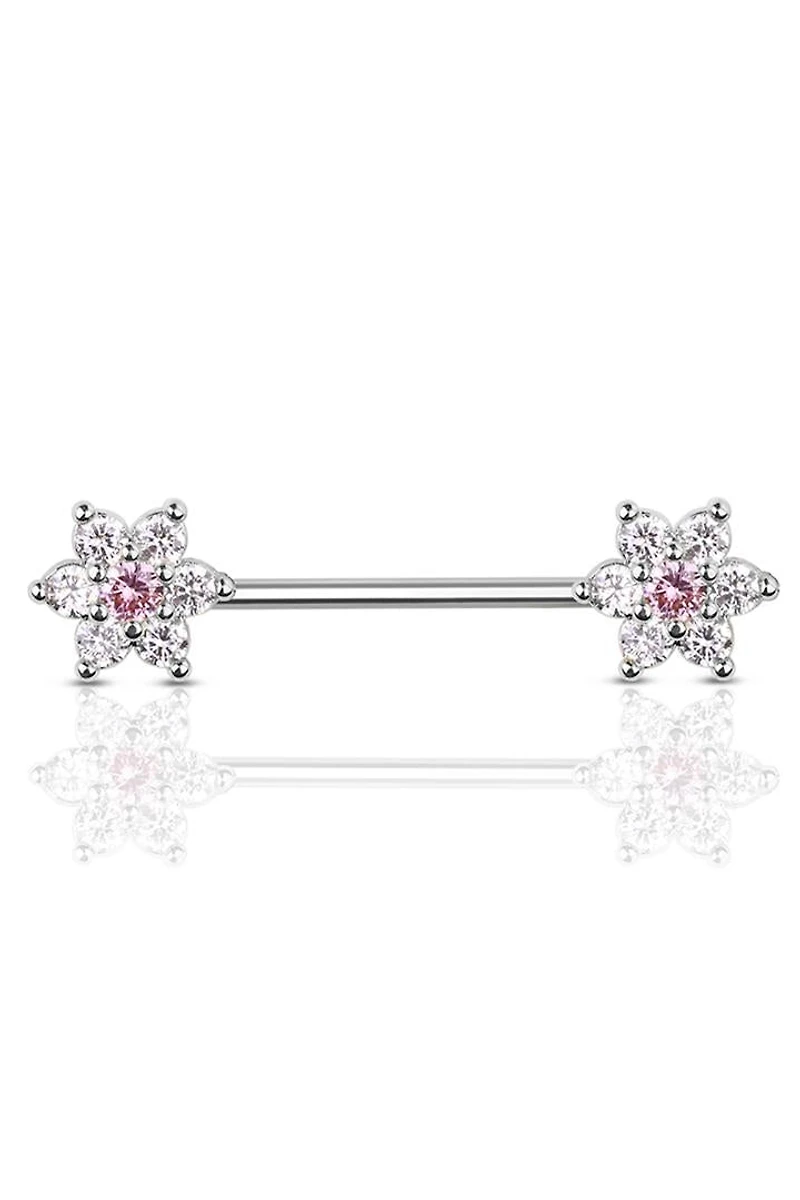 Pink Daisy Crystal Nipple Barbell 14g