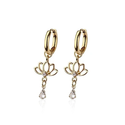 Lotus Flower Crystal Drop Dangle Cuff Earrings