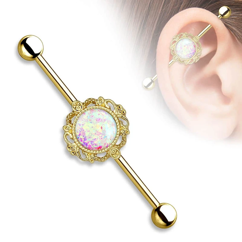Premium Filigree Opal Industrial Barbell 14g
