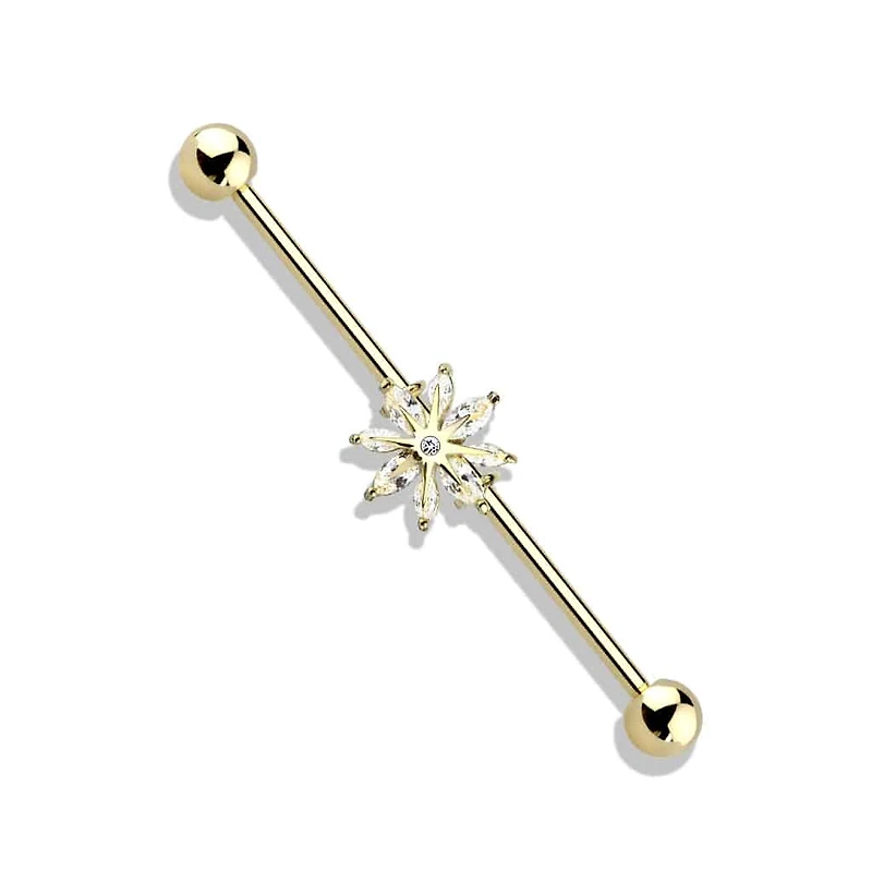Crystal Sunburst Flower Fancy Industrial Barbell 14g