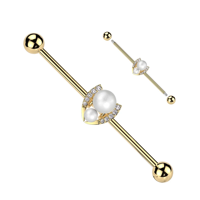 Double Pearl + Channel-Set Crystals Fancy Industrial Barbell 14g