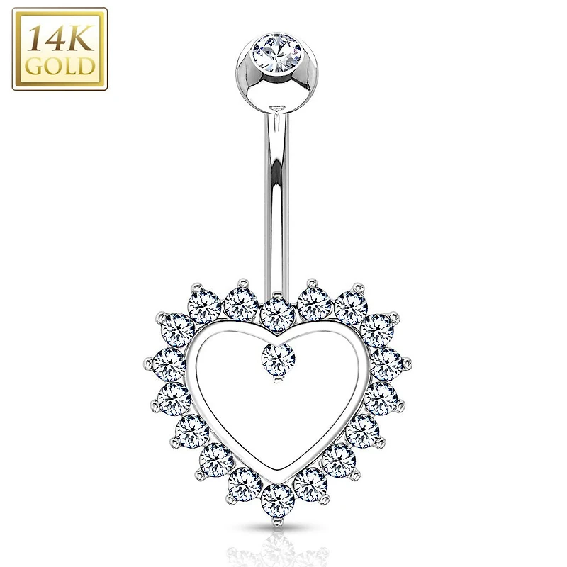 14K Gold Crystal Edge Heart Navel Barbell 14g