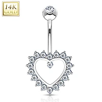 14K Gold Crystal Edge Heart Navel Barbell 14g
