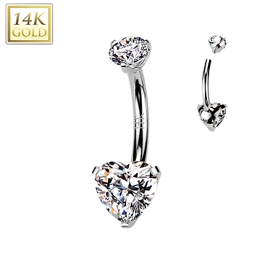 14K Gold Heart Claw-Set Belly Barbell 14g