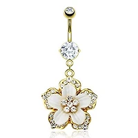 Gold PVD White Flower Navel Dangle 14g