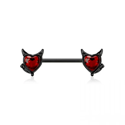 Jewelled Devil Heart Nipple Barbell 14g