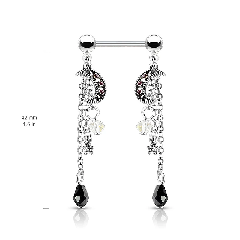 Celestial Moon & Star Dangle Nipple Barbell 14g