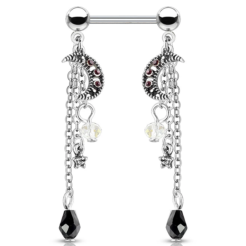 Celestial Moon & Star Dangle Nipple Barbell 14g