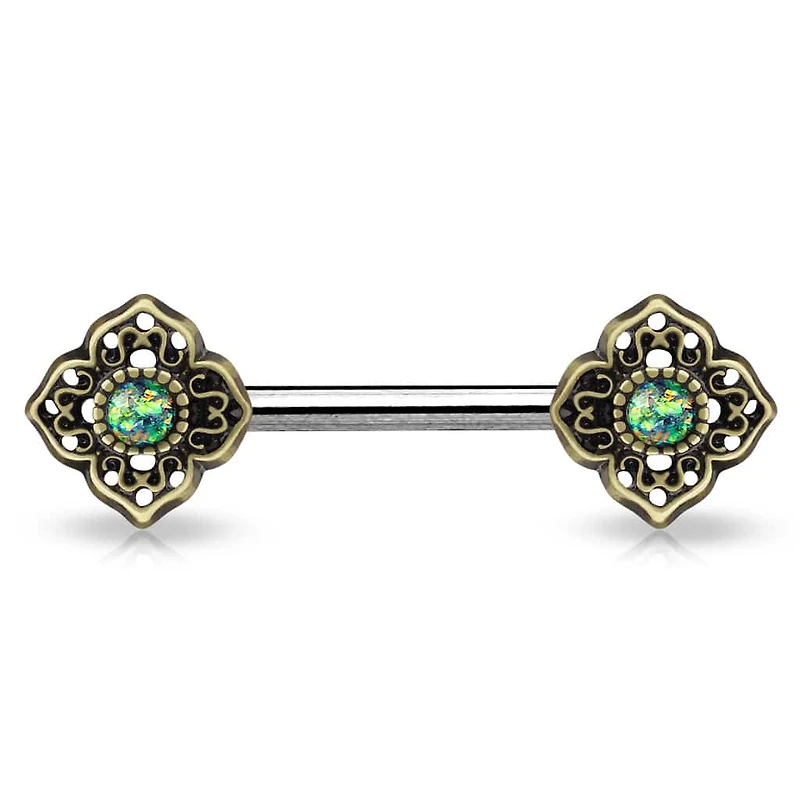 4 Point Brass Filigree + Opal Nipple Barbell 14g