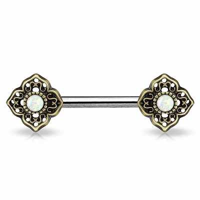 4 Point Brass Filigree + Opal Nipple Barbell 14g