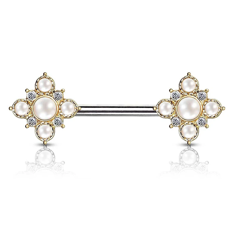 4 Point Pearl + Crystal Nipple Barbell 14g