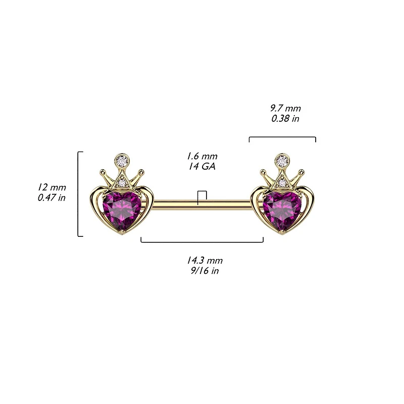 Heart Crown Nipple Barbell 14g