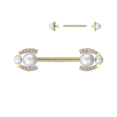 Double Pearl + Channel-Set Crystals Fancy Nipple Barbell 14g