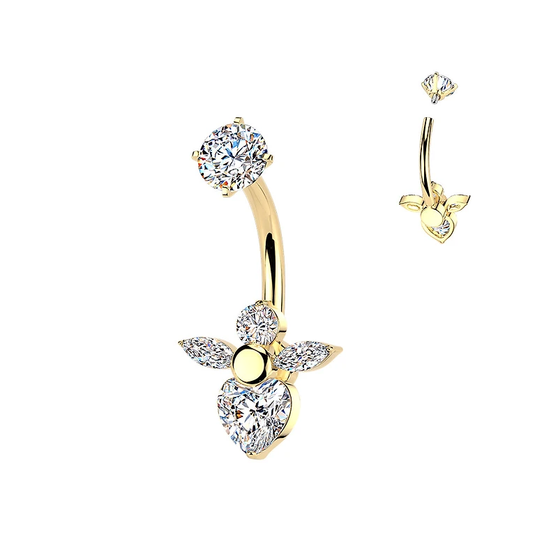 Premium Surgical Steel Wing Heart Crystal Navel Barbell 14g