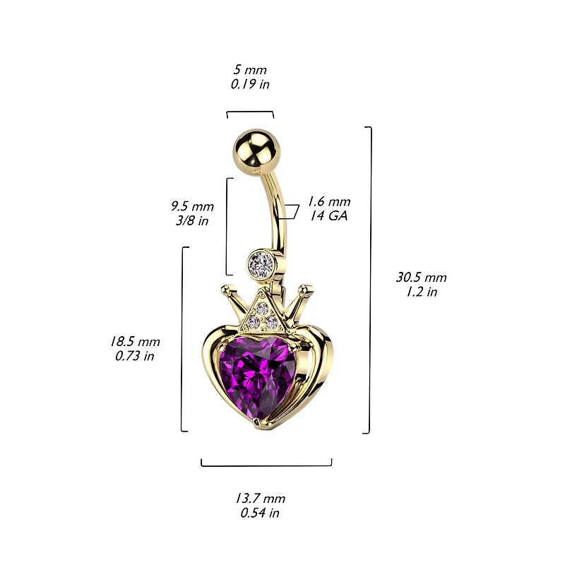 PREMIUM Crown Heart Navel Barbell 14g