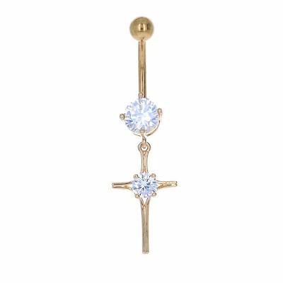 Gold PVD Crystal + Cross Navel Dangle 14g