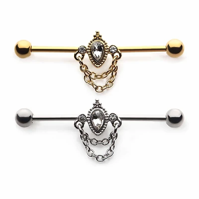 PREMIUM Vintage Crystal + Chain Industrial Barbell 14g